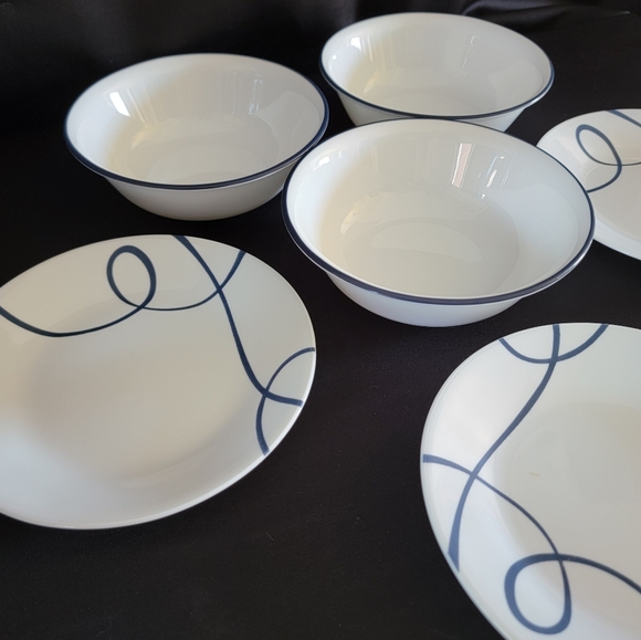 Corelle LIA‎ Salad Plates Bowls Set of 3 Navy Blue Swirl White - Picture 2 of 14